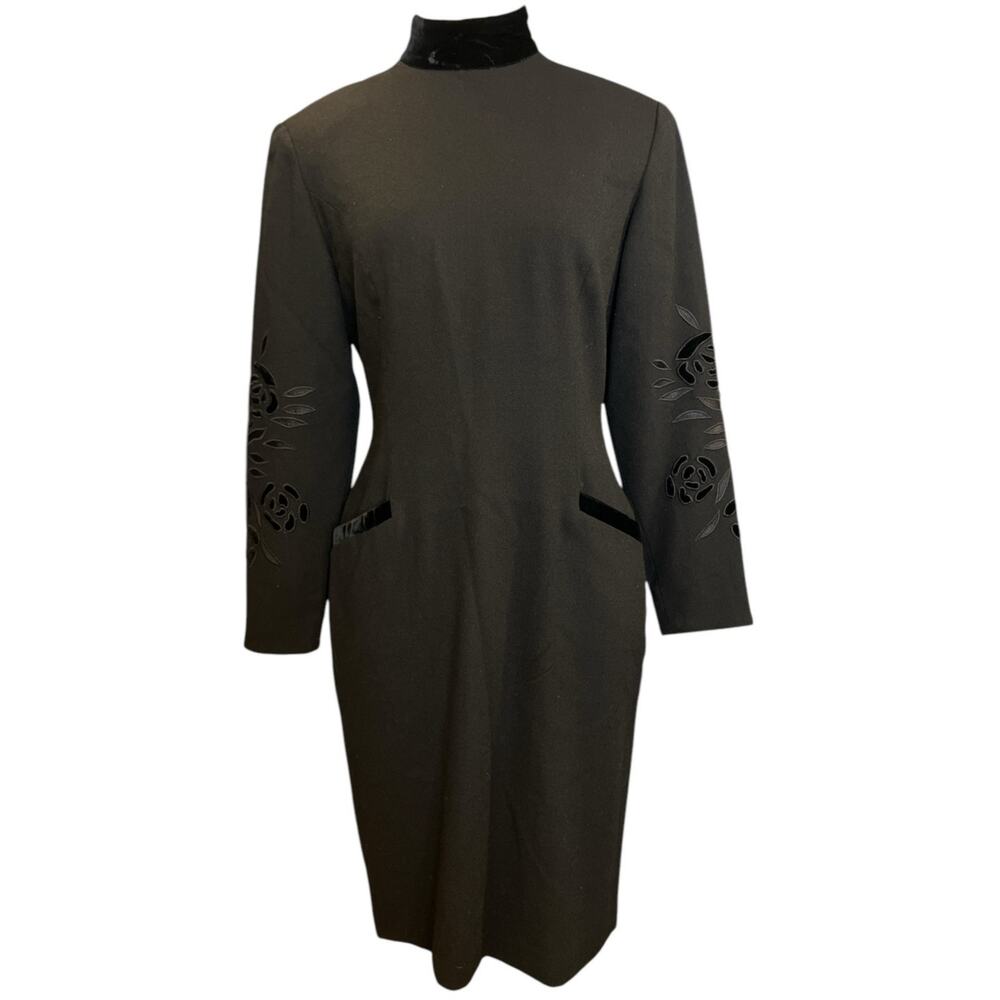 Vintage Rickie Freeman Teri Jon Wool Sheath Dress Sz 8 Black Rose Goth Retro 90s
